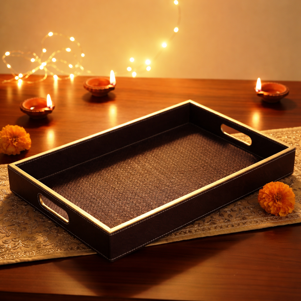 Large Wooden Serving Tray with Leather Finish | Big Size Rectangular Tray for Serving Tea, Coffee & Breakfast | 16 x 14 Inch Premium Snack Tray (BROWN)