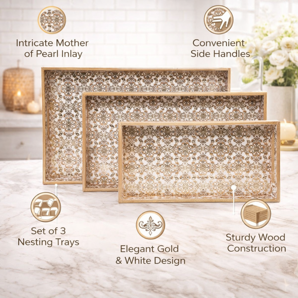 Gold Set of 3 Rectangular Wooden Serving Trays 16", 14", 12"