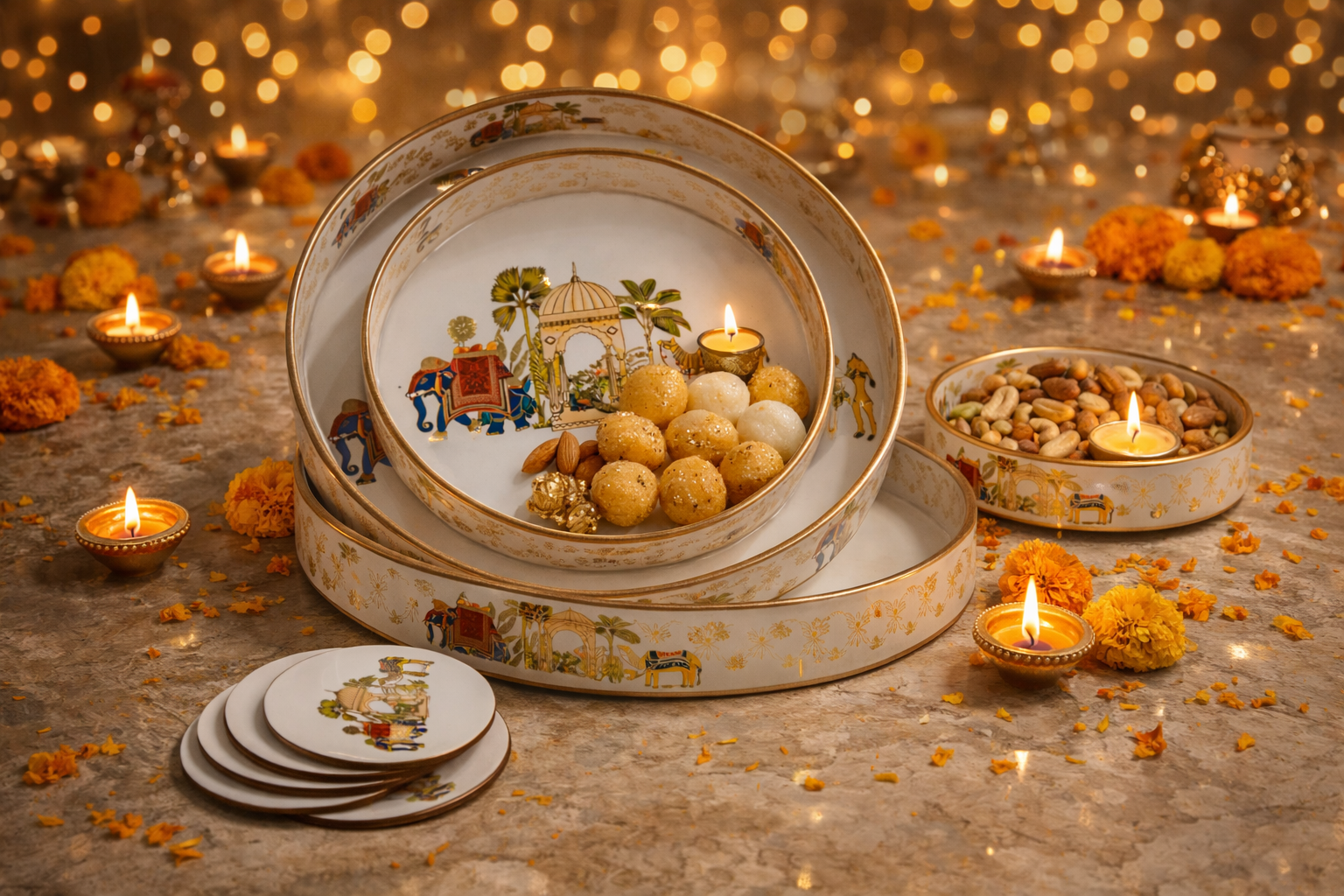 Set of 3 Wooden Serving Trays with Matching Coasters Round Multipurpose Trays for Kitchen Dining Table Top Tea Coffee Snacks Home Decor Large 12" Medium 10" Small 8" Inch