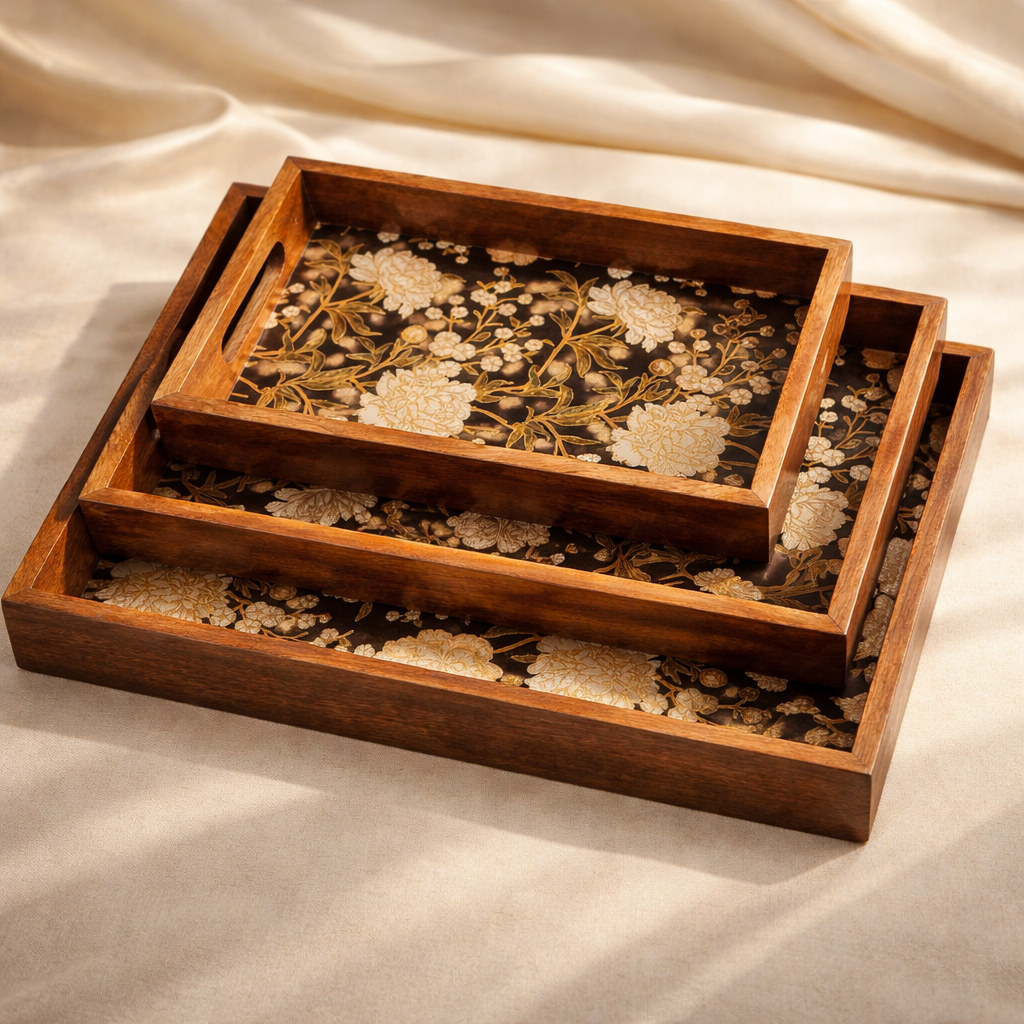 Serving Tray Set 3 with Gold Engraving | Wooden Tray Set 3 |Wooden Tray Decoration | Enamel Coated Waterproof |Size : 16 x 10 inch, 14 x 8 inch & 12 x 6 inch (Set 3)