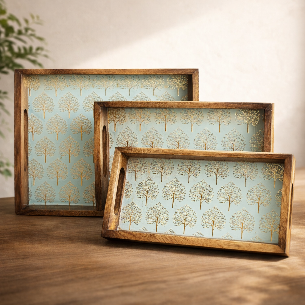 Wooden Serving Tray with Gold Engraving | Rectangle Trays Set of 3 | Serving Trays | Wooden Tray | Enamel Coated Waterproof |Size : 16 x 10 inch, 14 x 8 inch & 12 x 6 inch