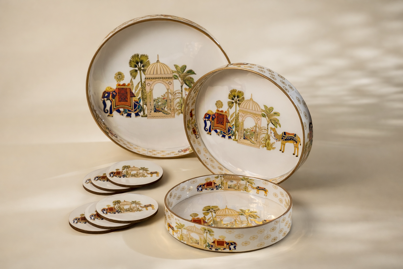 Set of 3 Wooden Serving Trays with Matching Coasters Round Multipurpose Trays for Kitchen Dining Table Top Tea Coffee Snacks Home Decor Large 12" Medium 10" Small 8" Inch