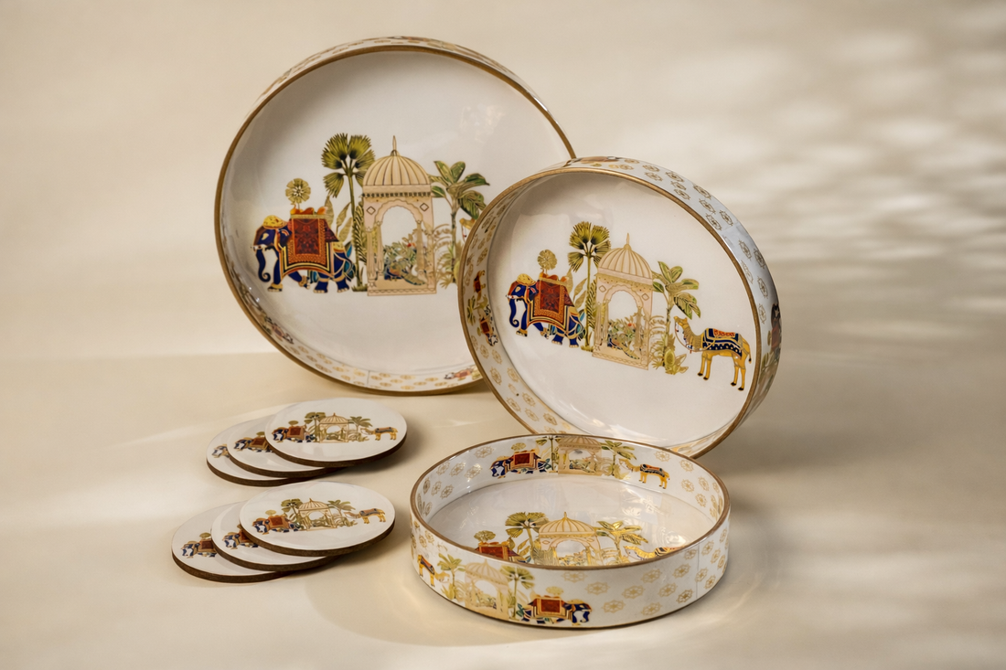 Set of 3 Wooden Serving Trays with Matching Coasters Round Multipurpose Trays for Kitchen Dining Table Top Tea Coffee Snacks Home Decor Large 12" Medium 10" Small 8" Inch