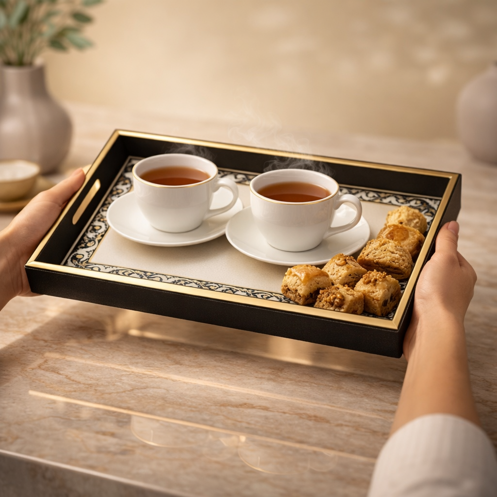 Large Wooden Serving Tray with Leather Finish | Big Size Rectangular Tray for Serving Tea, Coffee & Breakfast | 16 x 14 Inch Premium Snack Tray(White+Black)