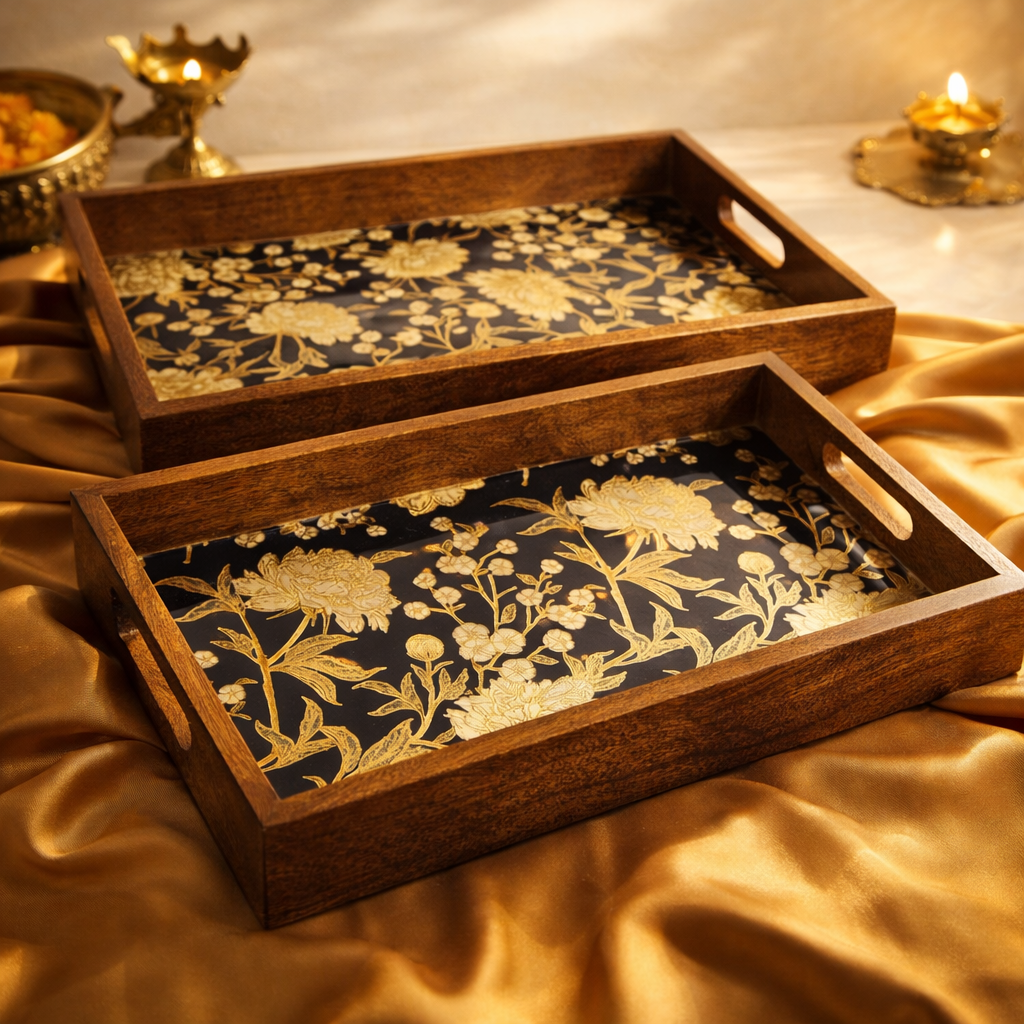 Serving Tray Set 2 | Wooden Tray Set |Wooden Tray Decoration| Enamel Coated Waterproof |Size : 14 x 8 inch & 12 x 6 inch (Set of 2)