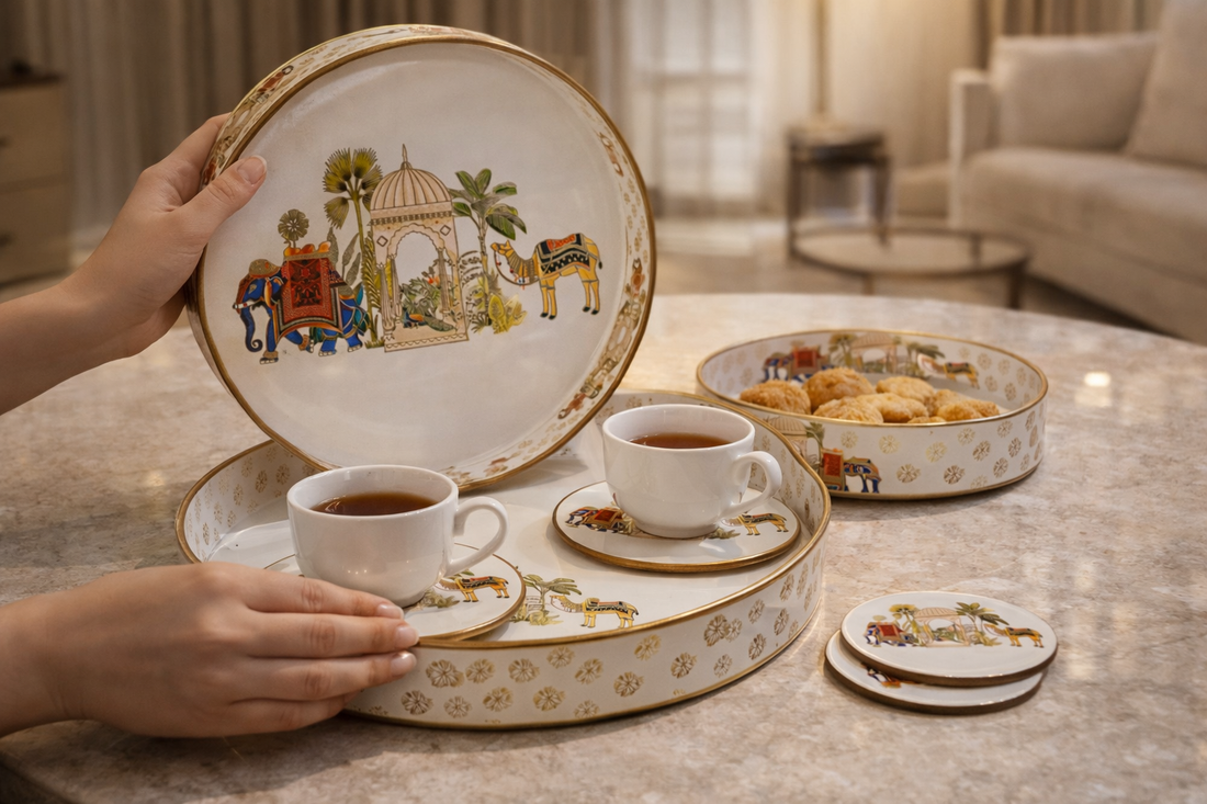 Set of 3 Wooden Serving Trays with Matching Coasters Round Multipurpose Trays for Kitchen Dining Table Top Tea Coffee Snacks Home Decor Large 12" Medium 10" Small 8" Inch