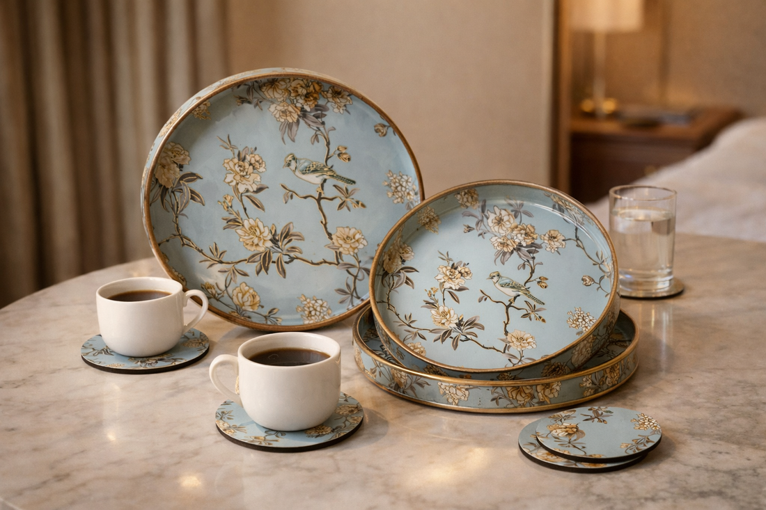 Set of 3 Wooden Serving Trays with Matching Coasters Round Multipurpose Trays for Kitchen Dining Table Top Tea Coffee Snacks Home Decor Large 12" Medium 10" Small 8" Inch (Light Green)