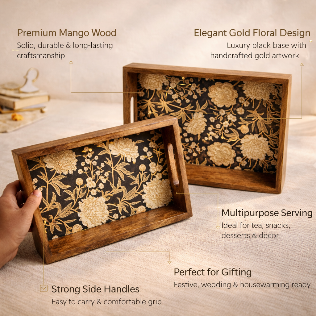 Serving Tray Set 2 | Wooden Tray Set |Wooden Tray Decoration| Enamel Coated Waterproof |Size : 14 x 8 inch & 12 x 6 inch (Set of 2)