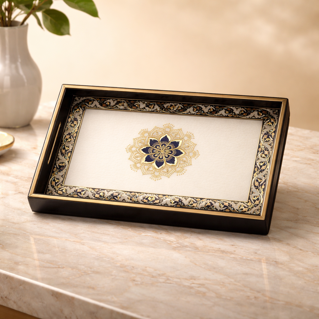 Large Wooden Serving Tray with Leather Finish | Big Size Rectangular Tray for Serving Tea, Coffee & Breakfast | 16 x 14 Inch Premium Snack Tray(White+Black)