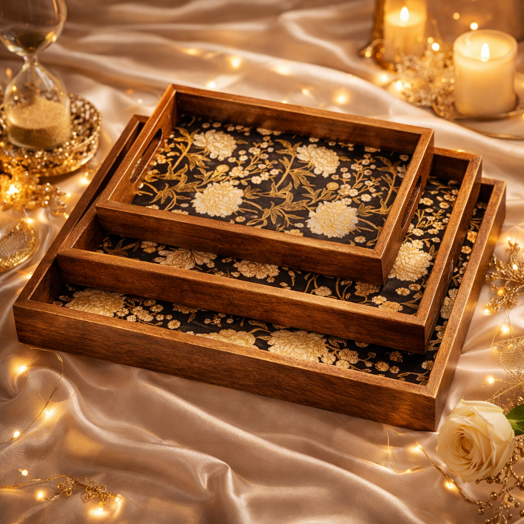 Serving Tray Set 3 with Gold Engraving | Wooden Tray Set 3 |Wooden Tray Decoration | Enamel Coated Waterproof |Size : 16 x 10 inch, 14 x 8 inch & 12 x 6 inch (Set 3)