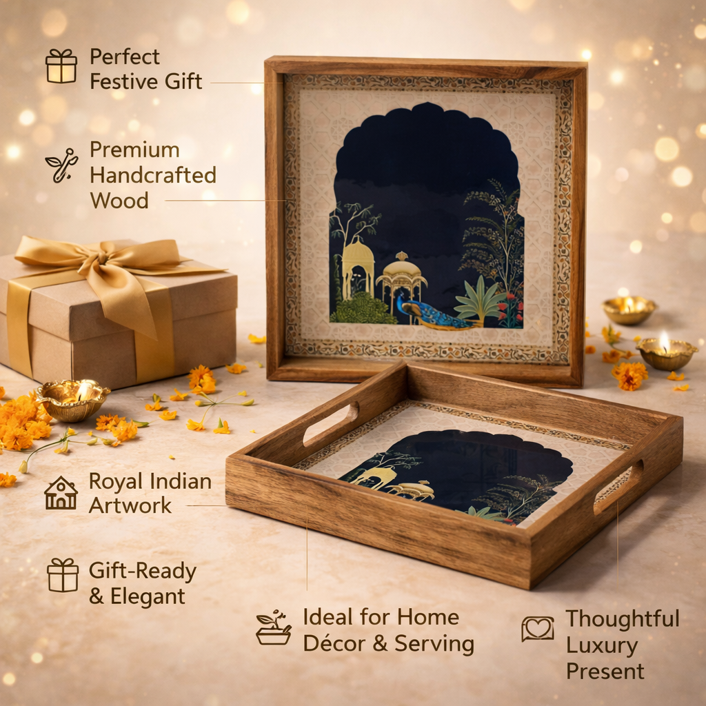 Serving Tray| Set of 2 | Size : 12 x 12 inch & 10 x 10 inch | Square Trays | Wooden Tray for Decoration | Wooden Tray Set for Serving