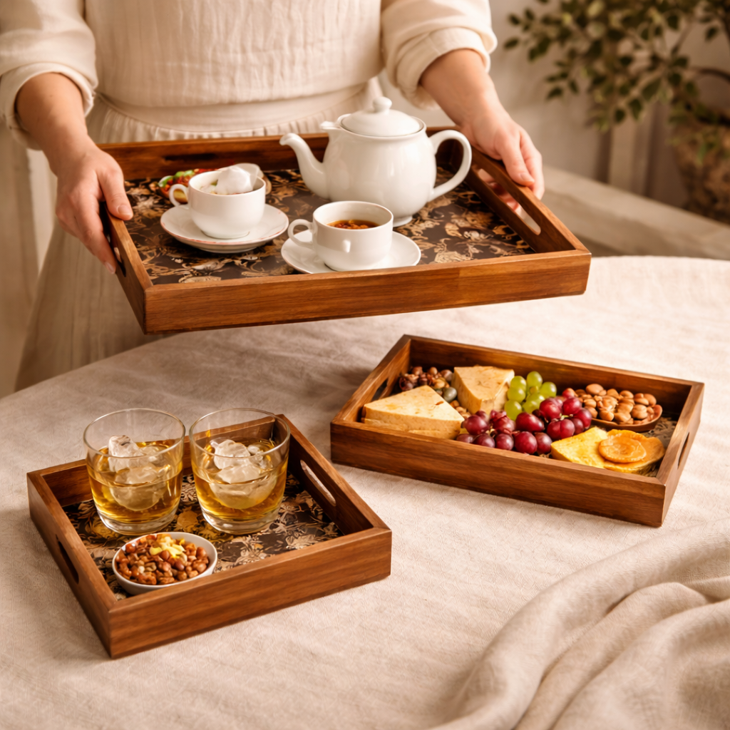 Serving Tray Set 3 with Gold Engraving | Wooden Tray Set 3 |Wooden Tray Decoration | Enamel Coated Waterproof |Size : 16 x 10 inch, 14 x 8 inch & 12 x 6 inch (Set 3)