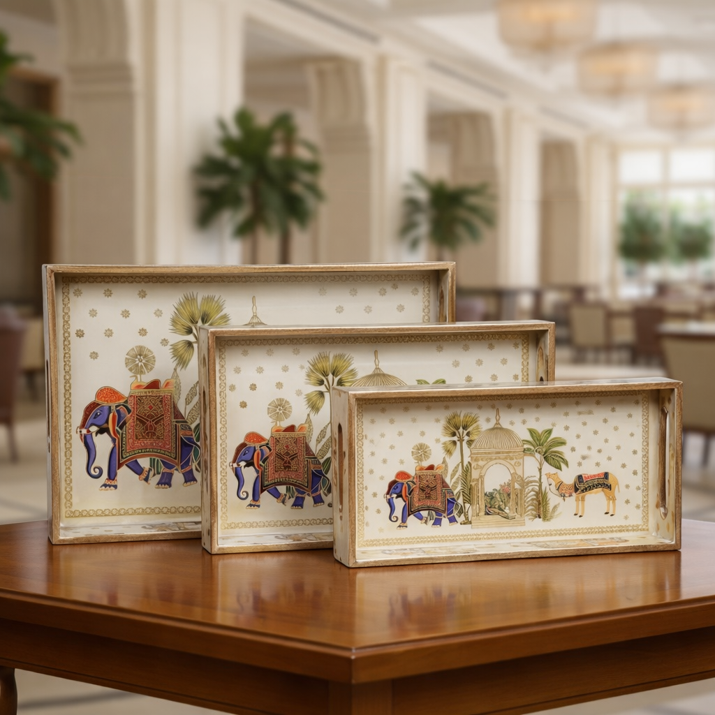 Set of 3 Wooden Elephant Serving Trays with Gold Engraving