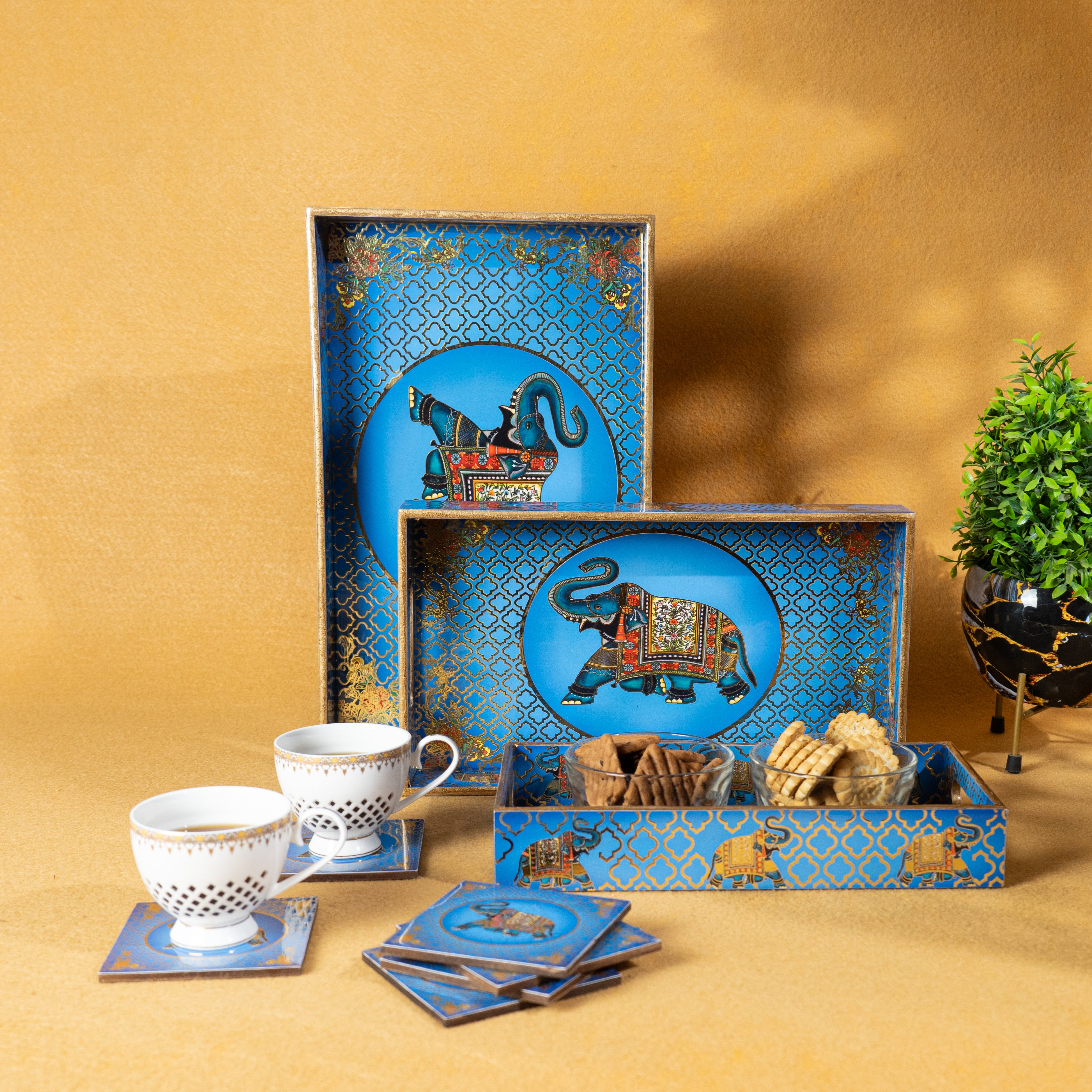 Premium Wooden Tray Set of 3 with 6 Coasters | Large, Medium & Small Sizes for Serving, Dining & Decor