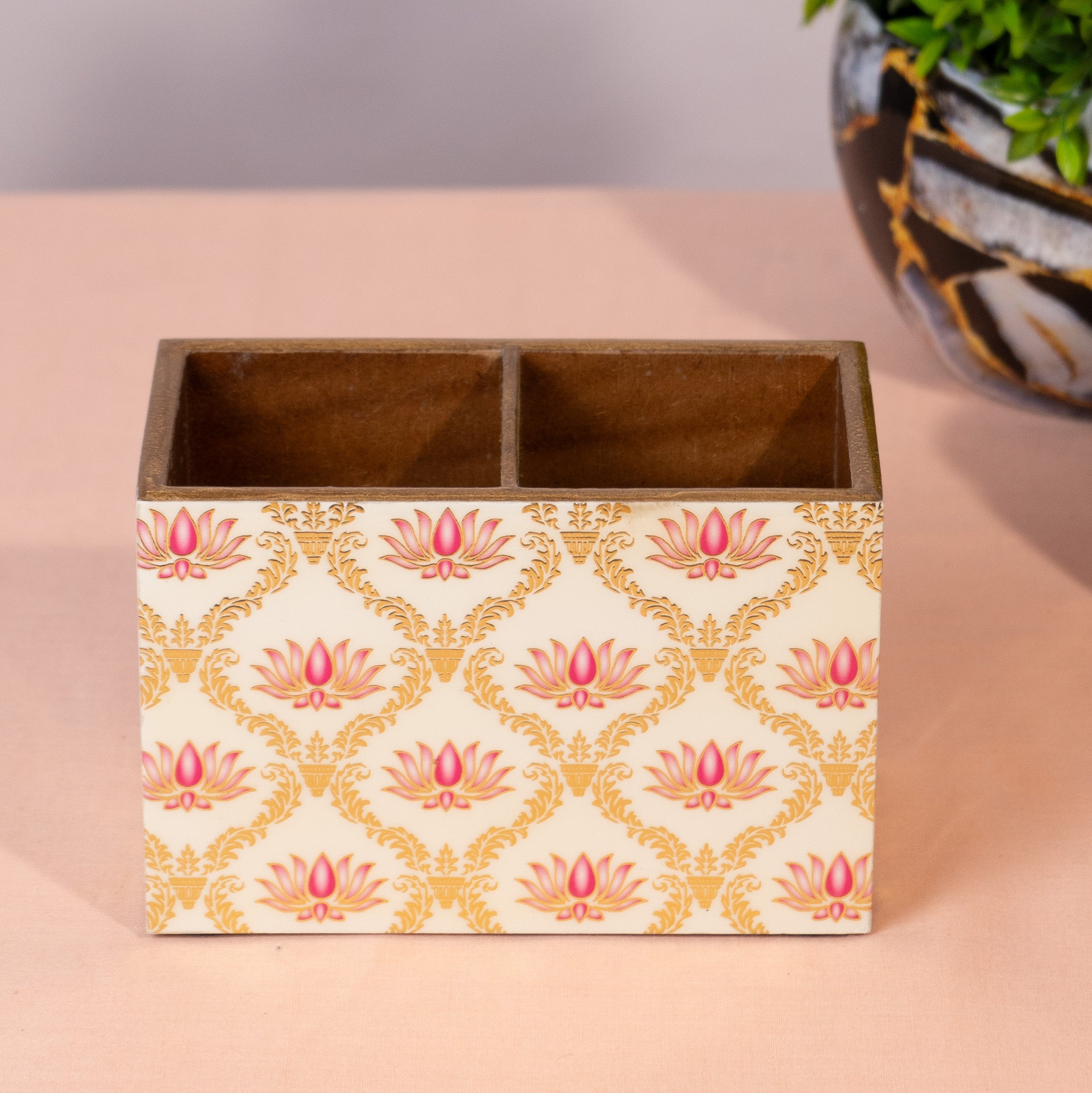 Wooden Cutlery Holder with 2 Sections – White Flower Design Spoon Stand for Kitchen & Dining Table Organizer | Multipurpose Wooden Utensil Holder, Chammach Stand & Table Decor (10x16x12 cm)