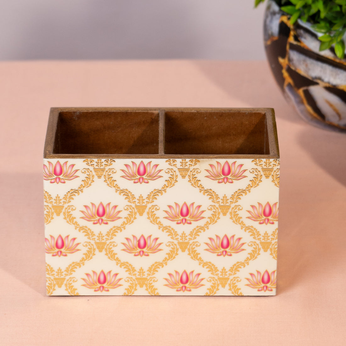 Wooden Cutlery Holder with 2 Sections – White Flower Design Spoon Stand for Kitchen & Dining Table Organizer | Multipurpose Wooden Utensil Holder, Chammach Stand & Table Decor (10x16x12 cm)