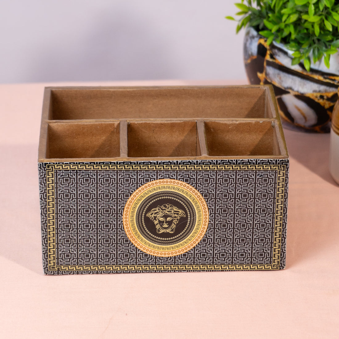 Wooden Cutlery Holder for Kitchen | Spoon Stand & Spoon Holder for Dining Table|4 Compartment Black Floral Design (L9.3 x W4.5 x H6.5 Inches) (Copy)