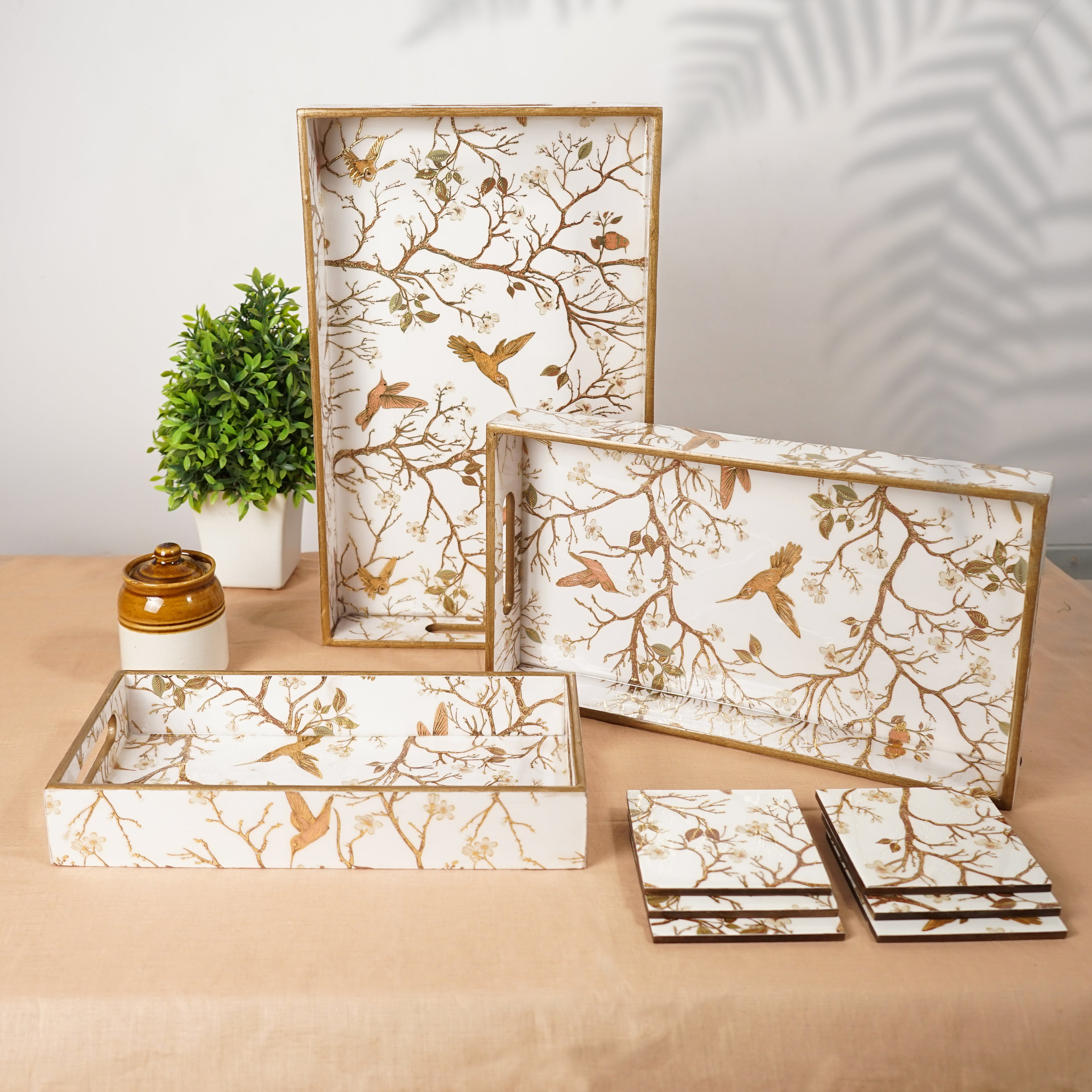 Premium Wooden Tray Set of 3 with 6 Coasters | Large, Medium & Small Sizes for Serving, Dining & Decor