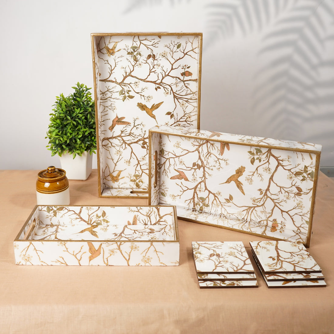 Premium Wooden Tray Set of 3 with 6 Coasters | Large, Medium & Small Sizes for Serving, Dining & Decor