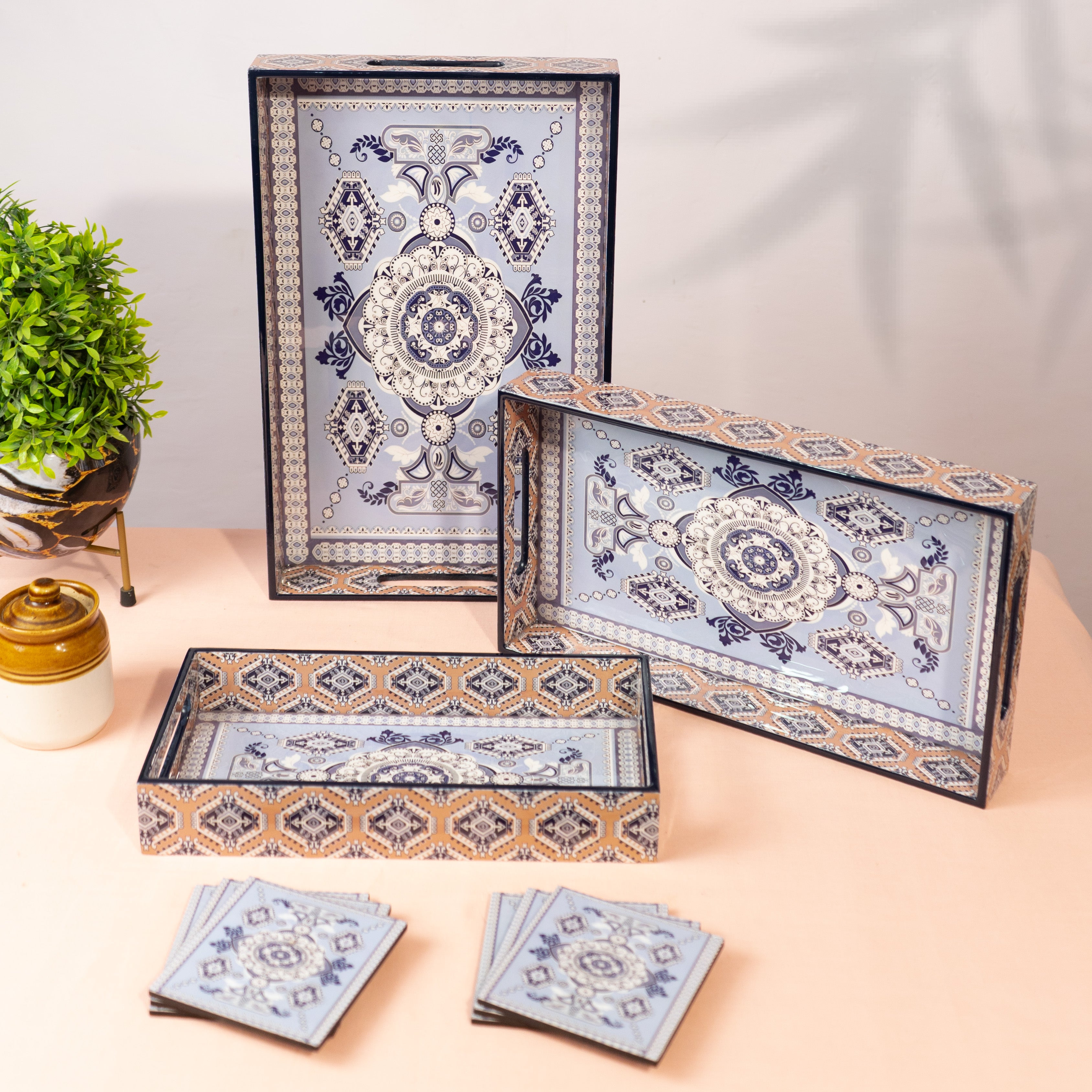 Premium Wooden Tray Set of 3 with 6 Coasters | Large, Medium & Small Sizes for Serving, Dining & Decor