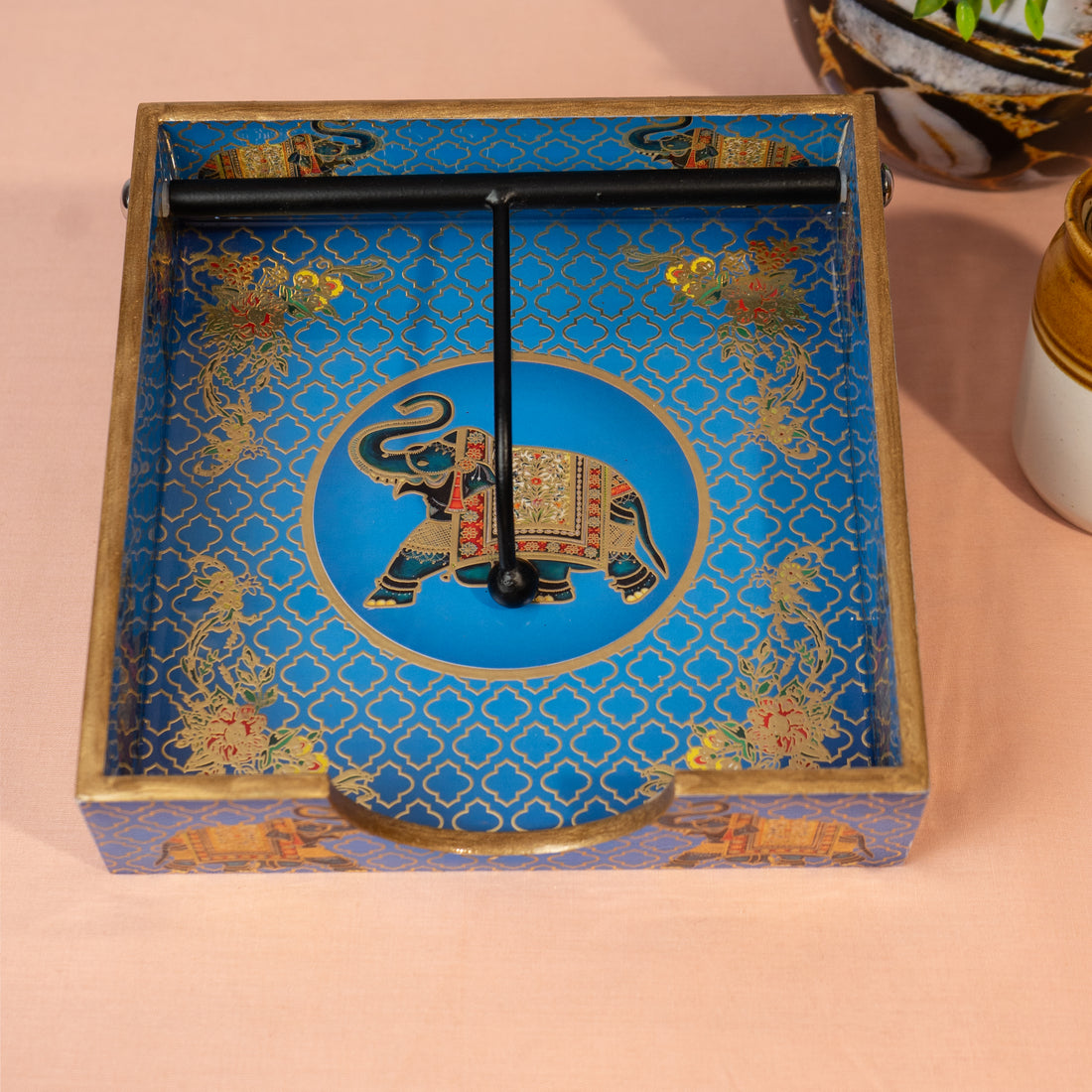 Wooden Napkin Holder for Dining Table | Handcrafted Tissue Holder Stand for Kitchen, Office & Home Décor | Wooden Tissue Paper Holder | Blue Gold Foil Design (8 x 8 x 2.5 Inches)