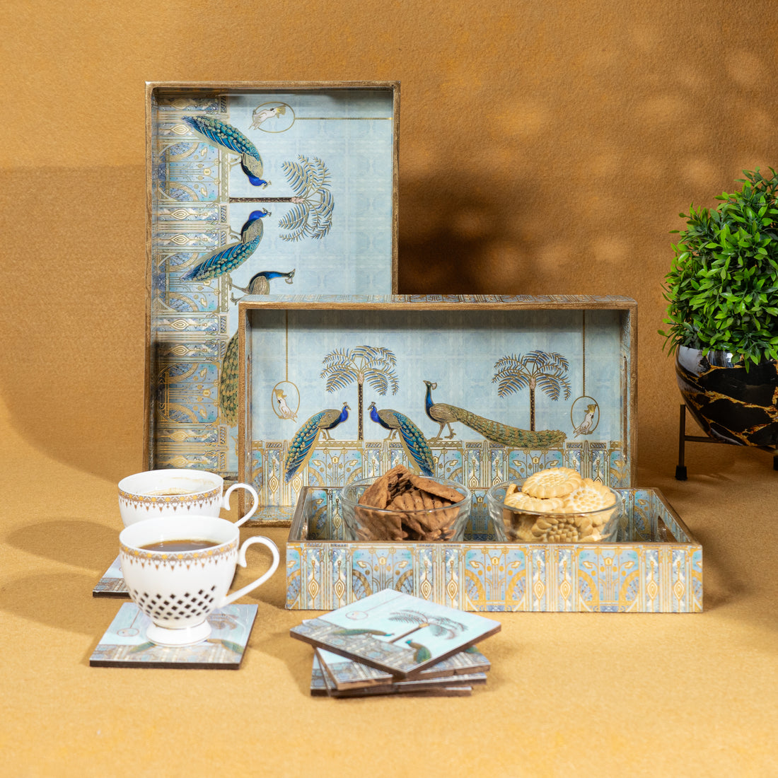 Premium Wooden Tray Set of 3 with 6 Coasters | Large, Medium & Small Sizes for Serving, Dining & Decor