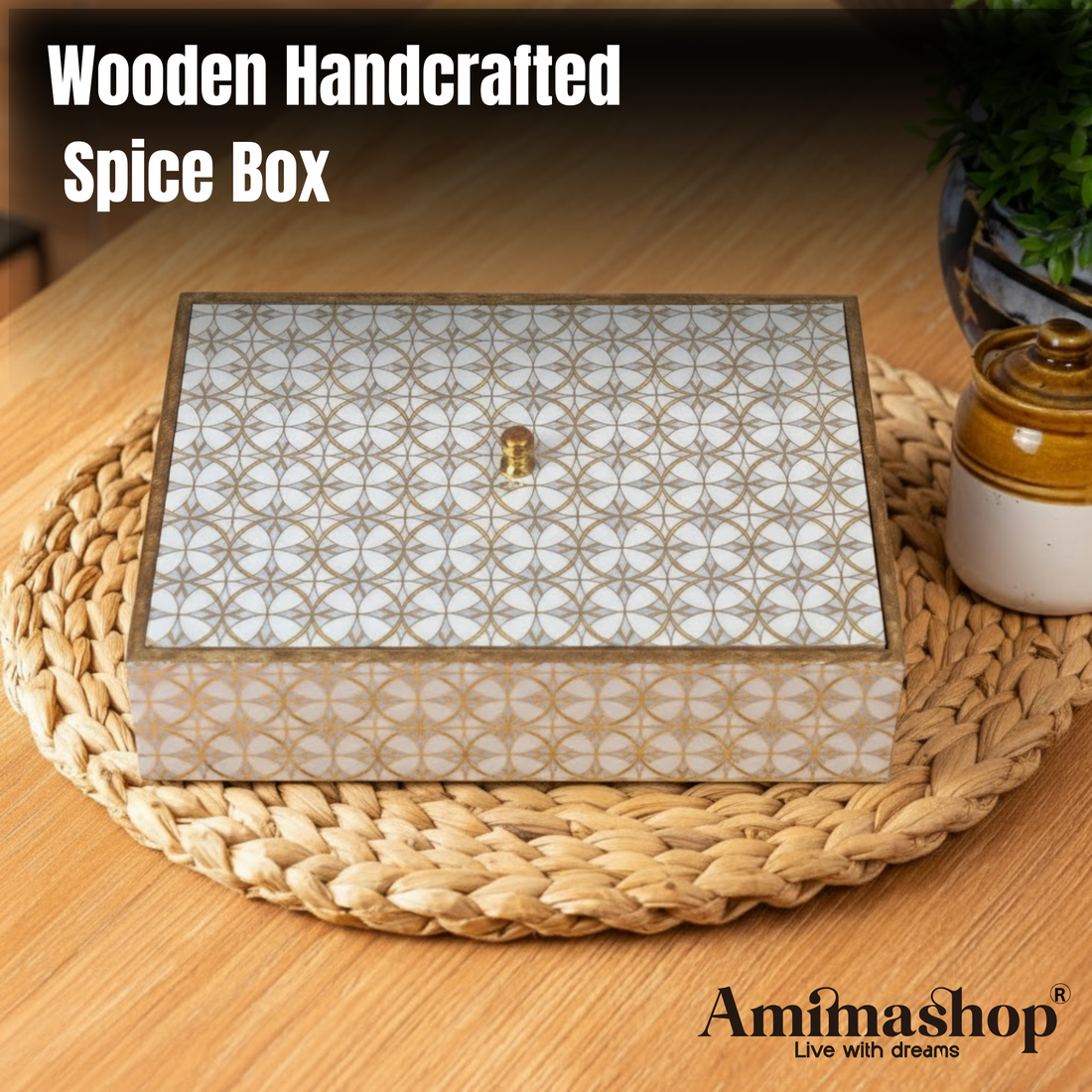 Wooden Handcrafted Spice Box with 6 Containers | Wooden Masala Box for Kitchen Storage | Multipurpose Dry Fruit Box & Condiment Organizer | White Gold Design (10 x 8.5 x 3 Inches)