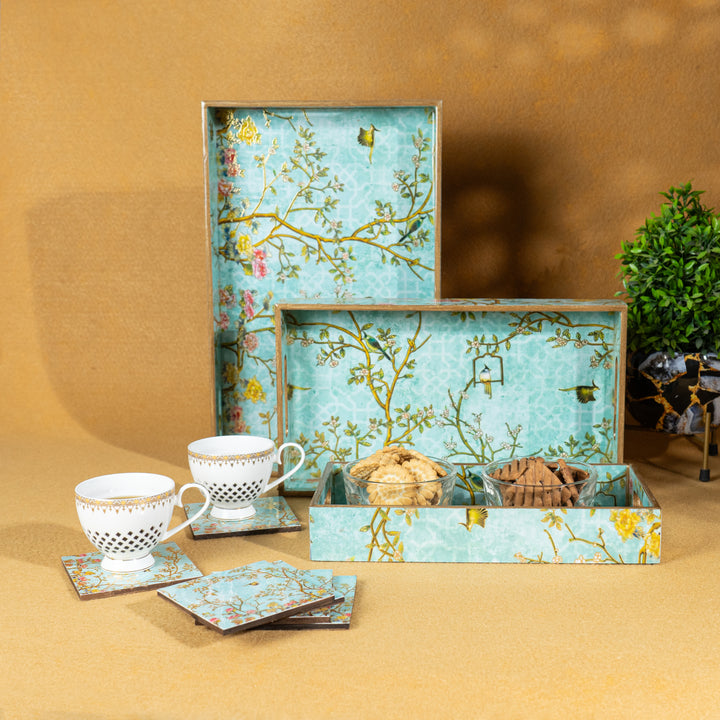 Premium Wooden Tray Set of 3 with 6 Coasters | Large, Medium & Small Sizes for Serving, Dining & Decor