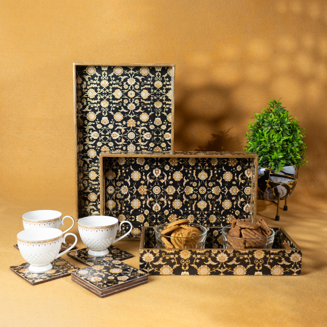 Premium Wooden Tray Set of 3 with 6 Coasters | Large, Medium & Small Sizes for Serving, Dining & Decor