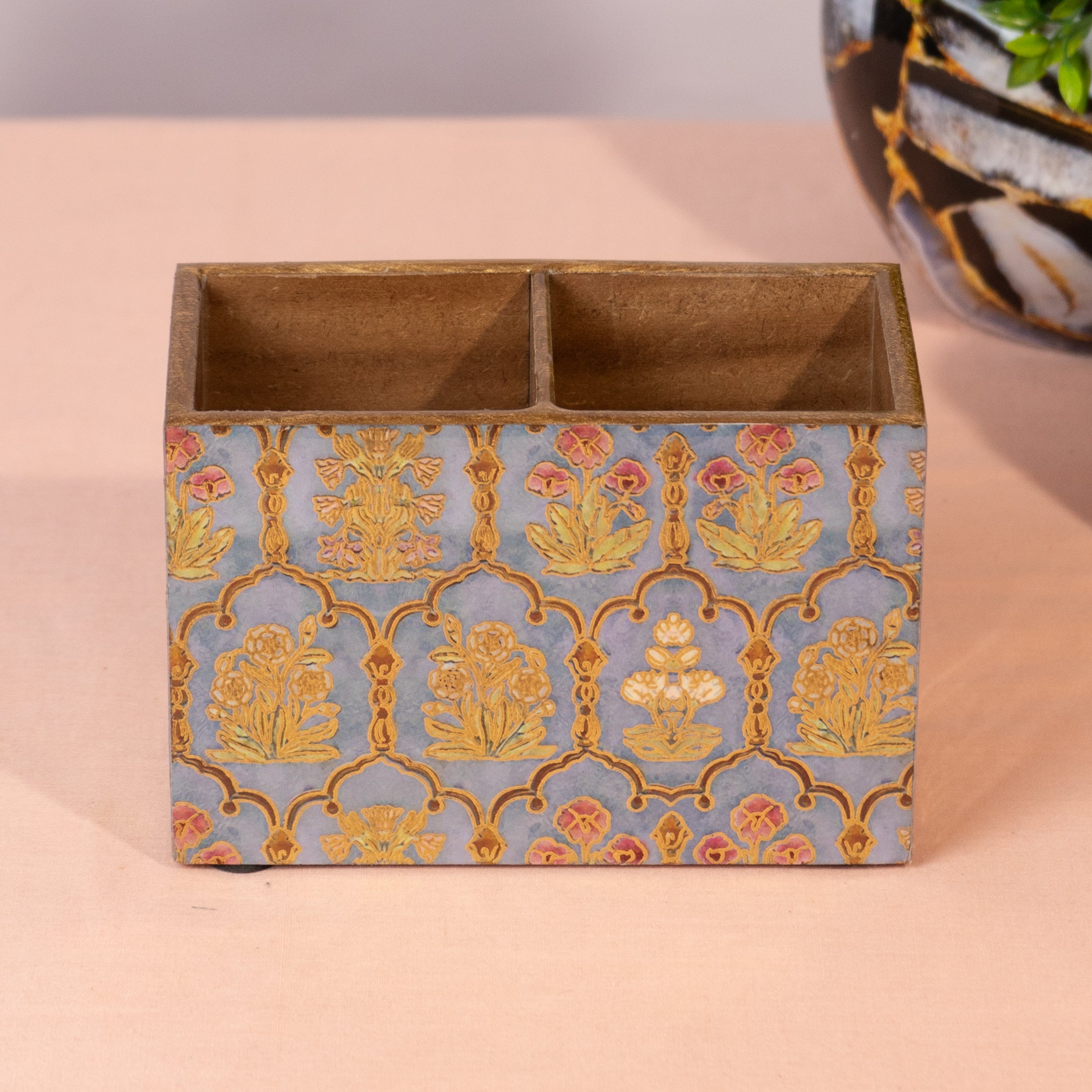 Wooden Cutlery Holder with 2 Sections – GREEN Flower Design Spoon Stand for Kitchen & Dining Table Organizer | Multipurpose Wooden Utensil Holder, Chammach Stand & Table Decor (10x16x12 cm) (Copy)