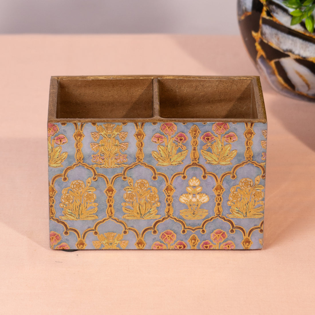 Wooden Cutlery Holder with 2 Sections – GREEN Flower Design Spoon Stand for Kitchen & Dining Table Organizer | Multipurpose Wooden Utensil Holder, Chammach Stand & Table Decor (10x16x12 cm) (Copy)