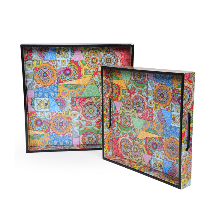 Amimashop® Multicolor Set of 2 Wooden Serving Trays 12"& 14"