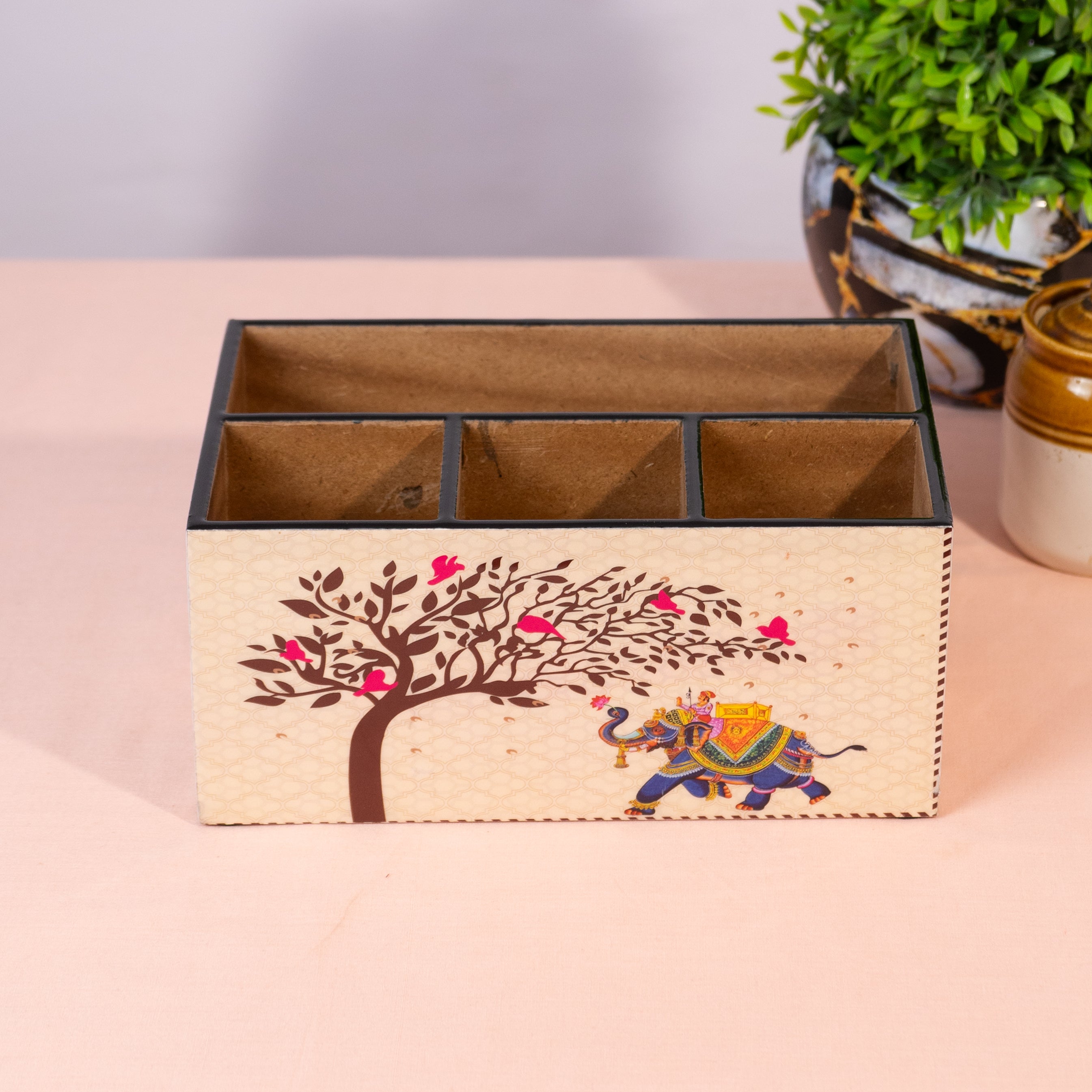 Wooden Cutlery Holder for Kitchen | Spoon Stand & Spoon Holder for Dining Table|4 Compartment Yellow Floral Design (L9.3 x W4.5 x H6.5 Inches)