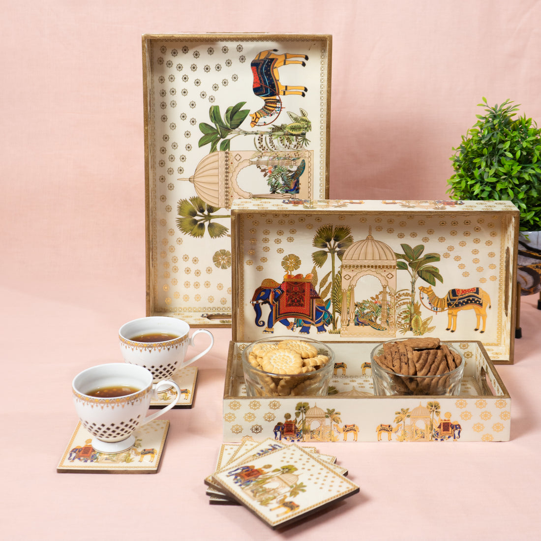 Premium Wooden Tray Set of 3 with 6 Coasters | Large, Medium & Small Sizes for Serving, Dining & Decor