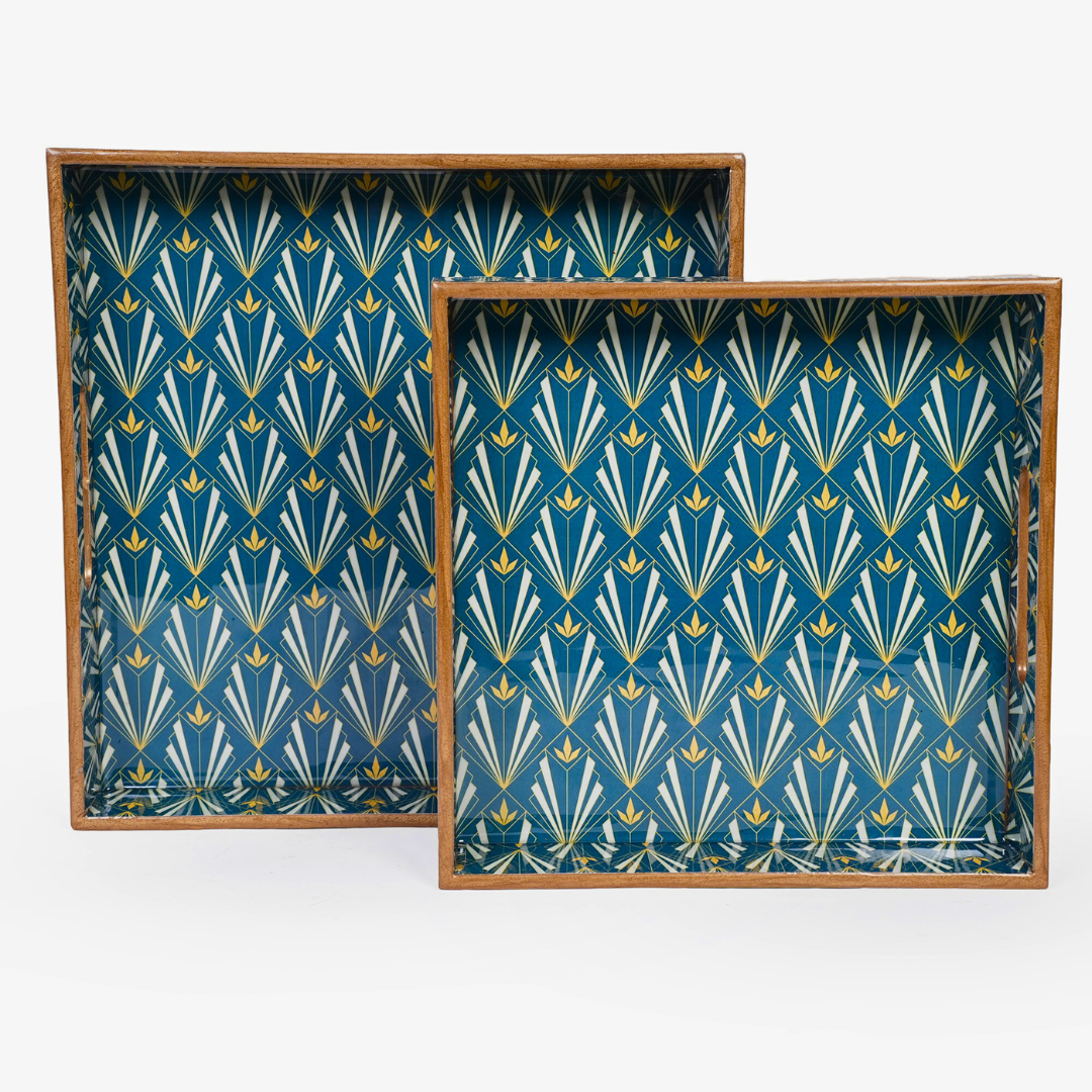 Amimashop® Blue Set of 2 Wooden Serving Trays 12"& 14"