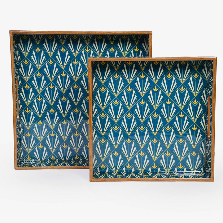Amimashop® Blue Set of 2 Wooden Serving Trays 12"& 14"