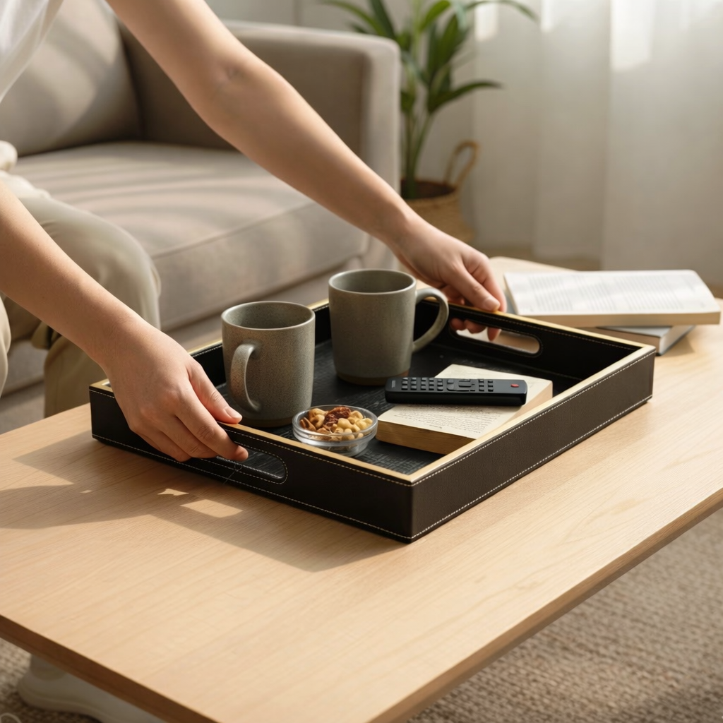 Large Wooden Serving Tray with Leather Finish | Big Size Rectangular Tray for Serving Tea, Coffee & Breakfast | 16 x 14 Inch Premium Snack Tray (BLACK)