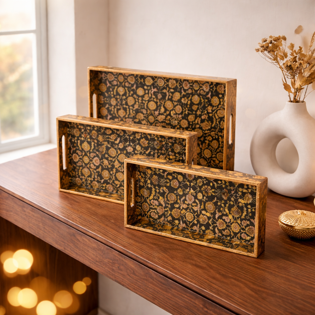 Black Design Set of 3 Rectangular Wooden Serving Trays (16", 14", 12") | Premium Mango Wood Tray Set for Kitchen, Dining, Tea/Coffee, Breakfast & Home Décor | Handcrafted Decorative Wooden Trays for Gift & Serving