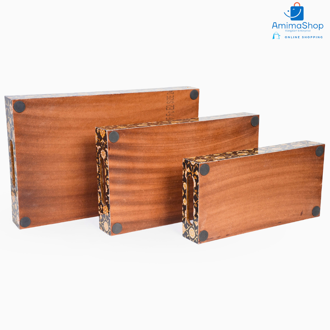 Black Design Set of 3 Rectangular Wooden Serving Trays (16", 14", 12") | Premium Mango Wood Tray Set for Kitchen, Dining, Tea/Coffee, Breakfast & Home Décor | Handcrafted Decorative Wooden Trays for Gift & Serving