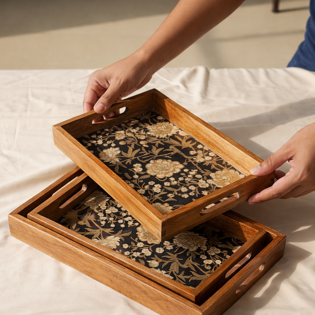 Serving Tray Set 3 with Gold Engraving | Wooden Tray Set 3 |Wooden Tray Decoration | Enamel Coated Waterproof |Size : 16 x 10 inch, 14 x 8 inch & 12 x 6 inch (Set 3)