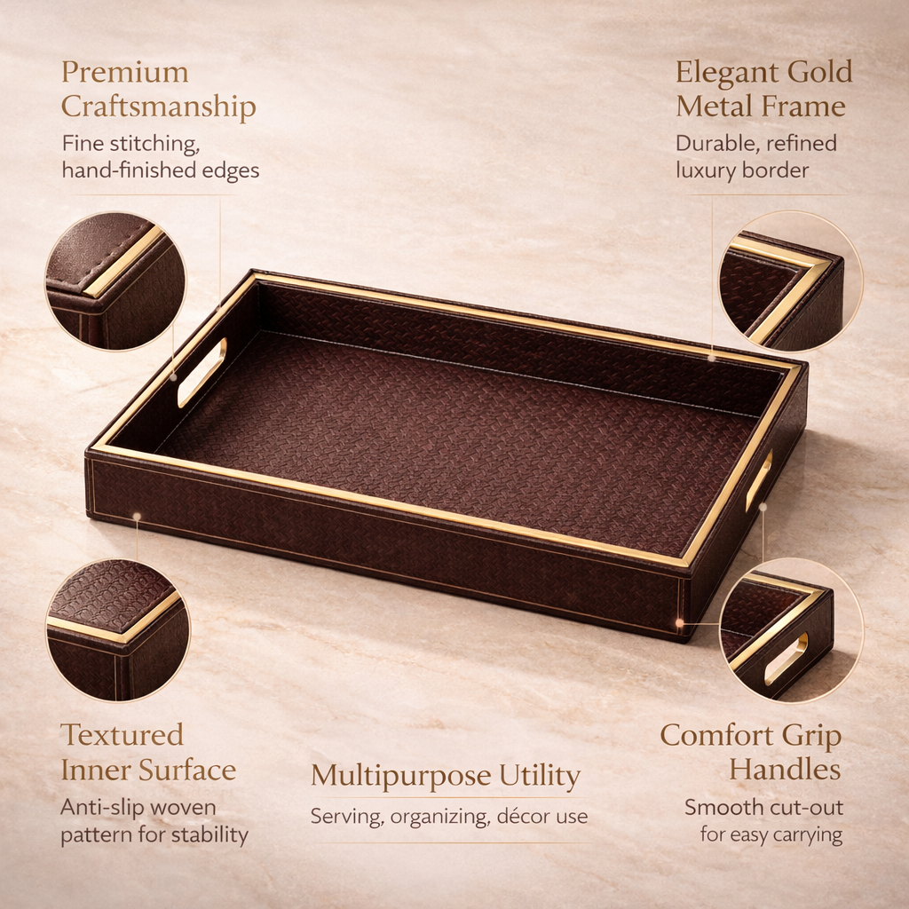 Large Wooden Serving Tray with Leather Finish | Big Size Rectangular Tray for Serving Tea, Coffee & Breakfast | 16 x 14 Inch Premium Snack Tray (BROWN)