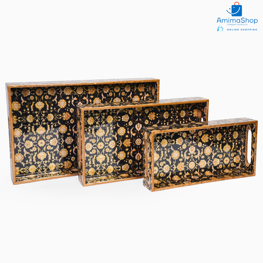 Black Design Set of 3 Rectangular Wooden Serving Trays (16", 14", 12") | Premium Mango Wood Tray Set for Kitchen, Dining, Tea/Coffee, Breakfast & Home Décor | Handcrafted Decorative Wooden Trays for Gift & Serving