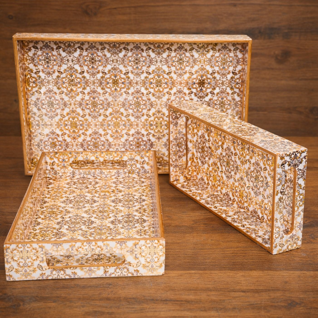 Gold Set of 3 Rectangular Wooden Serving Trays 16", 14", 12"