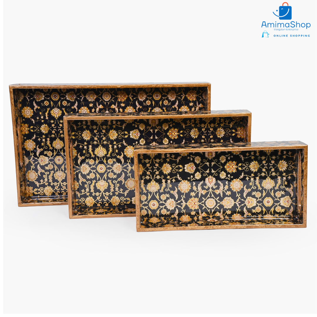 Black Design Set of 3 Rectangular Wooden Serving Trays (16", 14", 12") | Premium Mango Wood Tray Set for Kitchen, Dining, Tea/Coffee, Breakfast & Home Décor | Handcrafted Decorative Wooden Trays for Gift & Serving