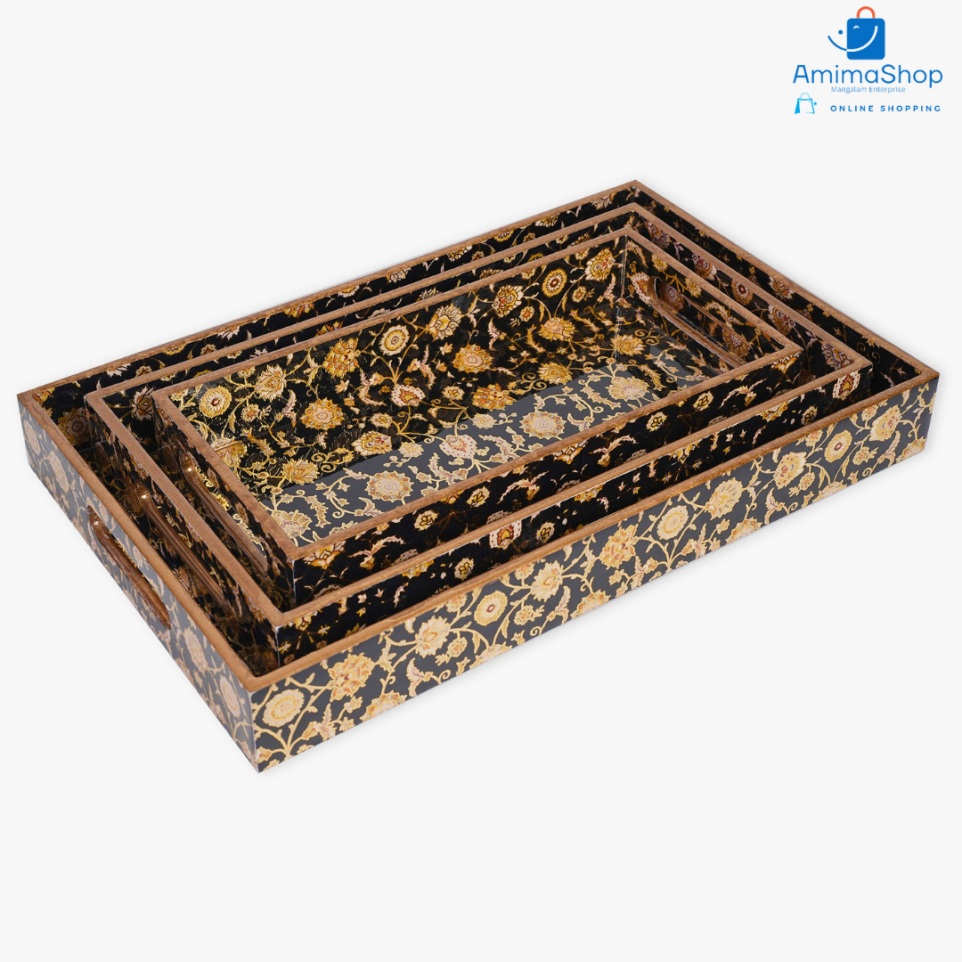 Amimashop® Black Design Set of 3 Rectangular Wooden Serving Trays 16", 14", 12"