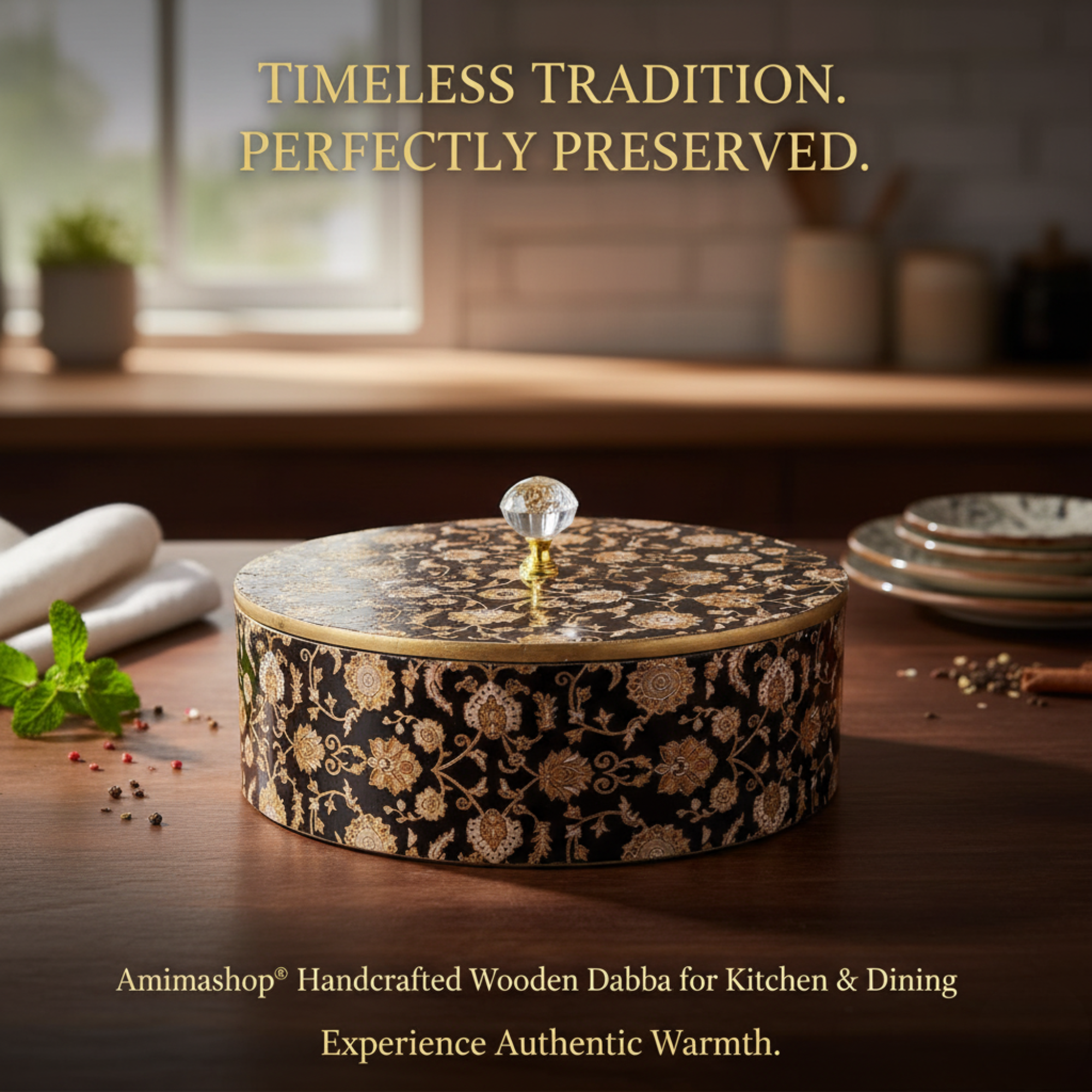 Wooden Casserole 2 Litre | Handcrafted Wooden Serving Bowl with Lid | Black Gold Design Hot Pot for Kitchen & Dining (Size 9x9x4 Inches)