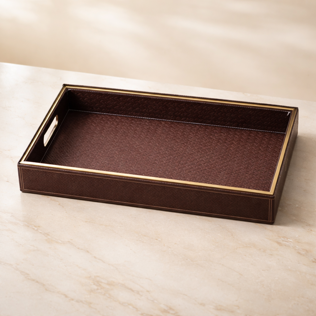 Large Wooden Serving Tray with Leather Finish | Big Size Rectangular Tray for Serving Tea, Coffee & Breakfast | 16 x 14 Inch Premium Snack Tray (BROWN)