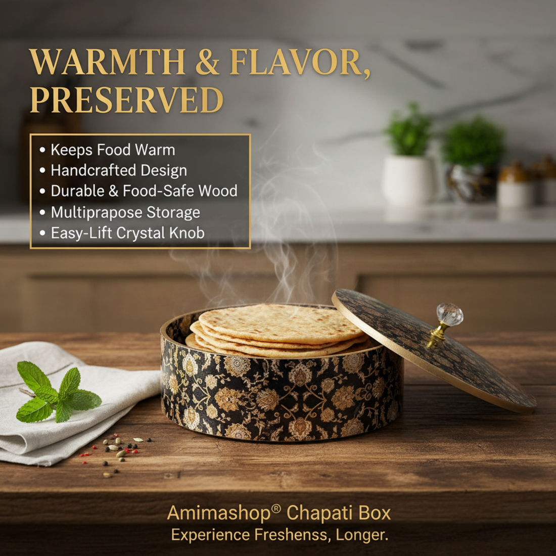 Wooden Casserole 2 Litre | Handcrafted Wooden Serving Bowl with Lid | Black Gold Design Hot Pot for Kitchen & Dining (Size 9x9x4 Inches)