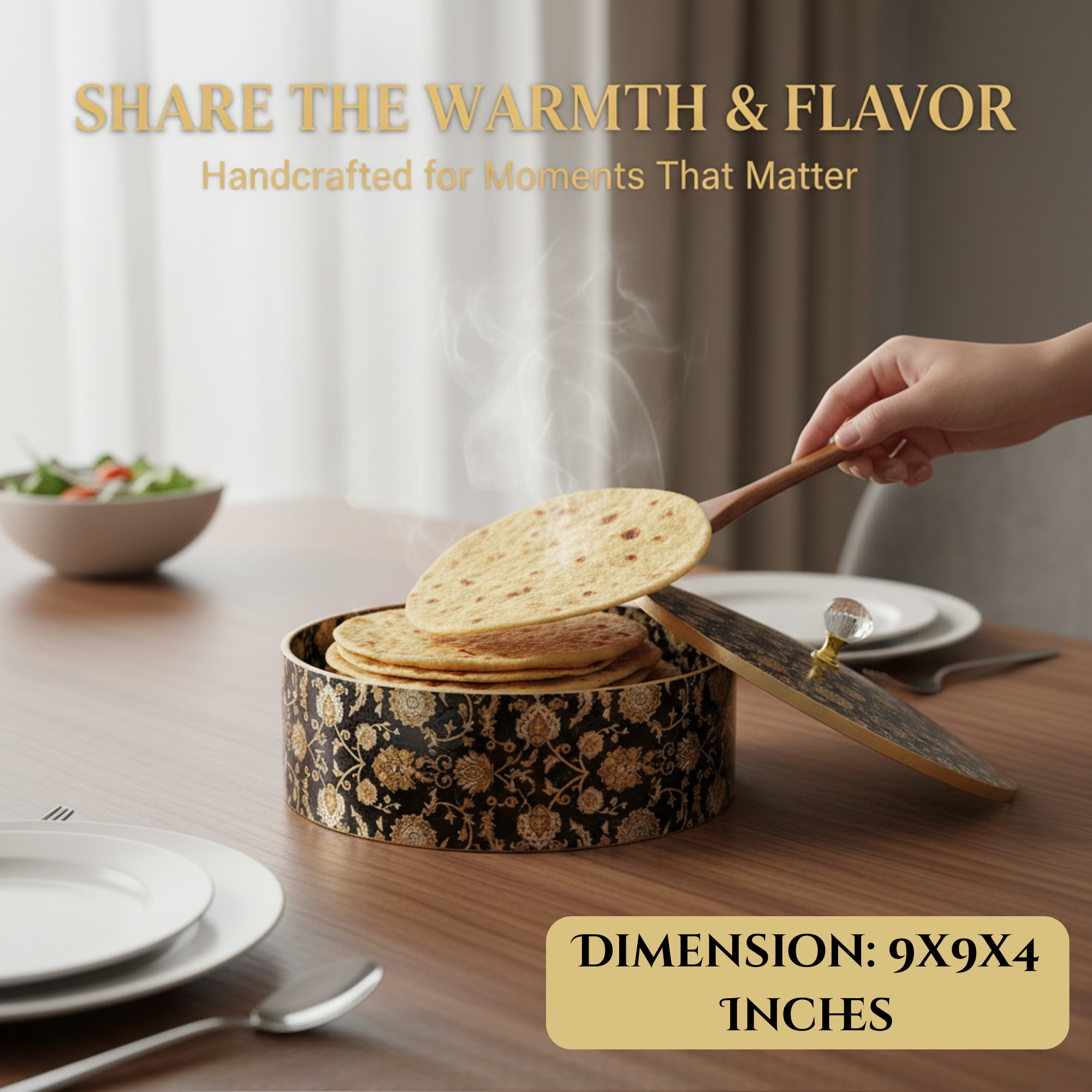 Wooden Casserole 2 Litre | Handcrafted Wooden Serving Bowl with Lid | Black Gold Design Hot Pot for Kitchen & Dining (Size 9x9x4 Inches)