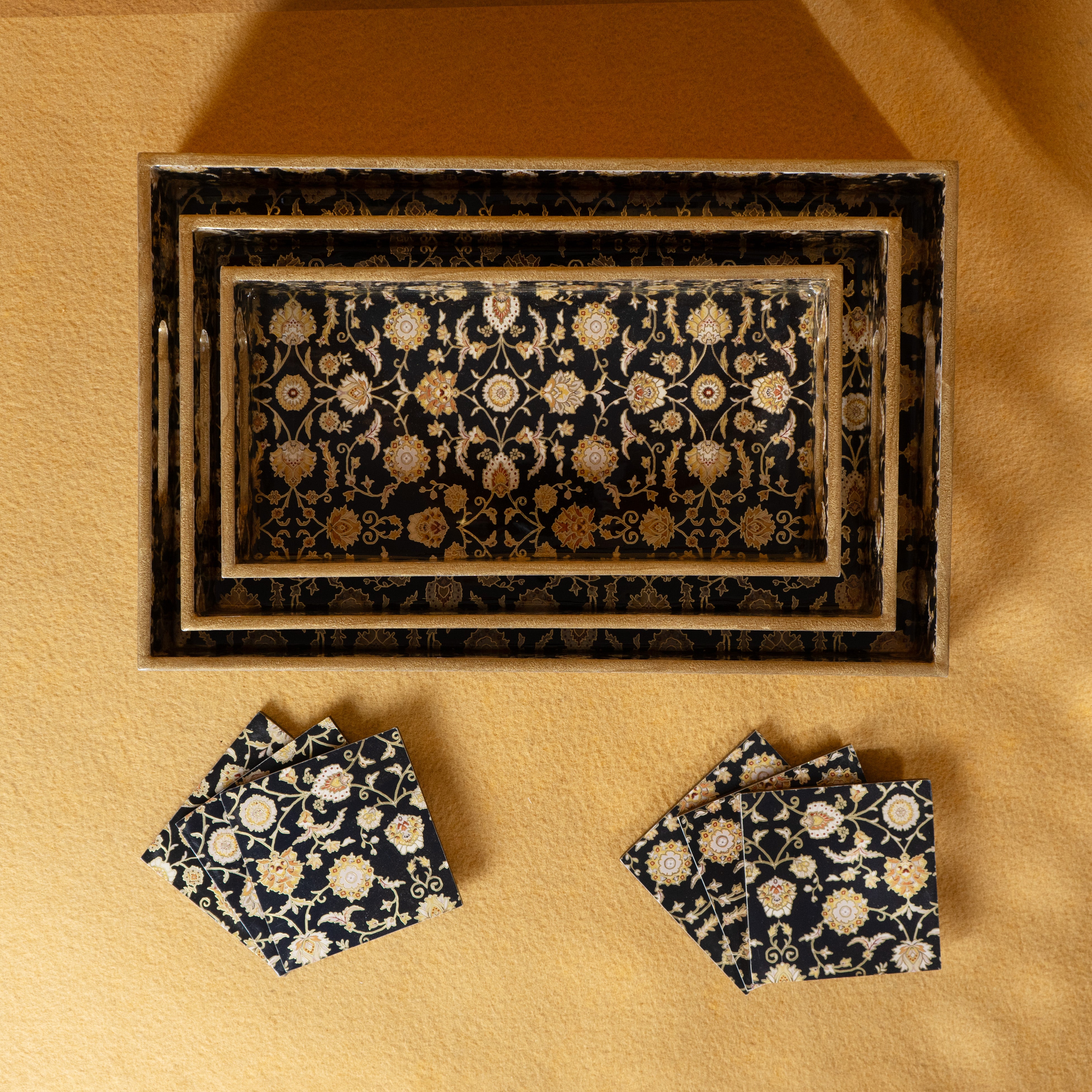 Premium Wooden Tray Set of 3 with 6 Coasters | Large, Medium & Small Sizes for Serving, Dining & Decor